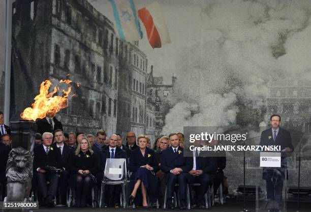 German President Frank-Walter Steinmeier, the Israeli President's wife Michal Herzog, Agata Kornhauser-Duda and Polish President Andrzej Duda listen...