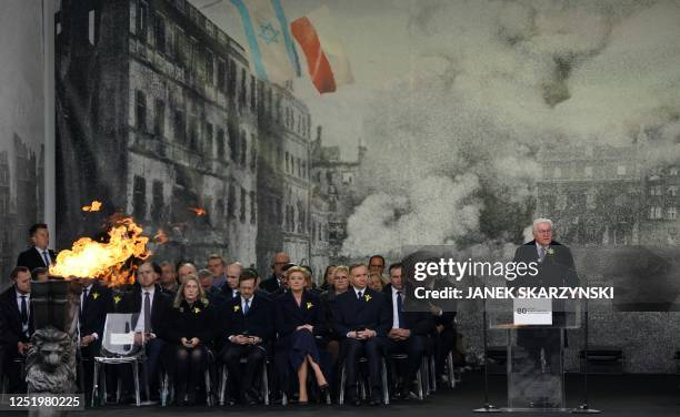 German President Frank-Walter Steinmeier delivers a speech as the Israeli President's wife Michal Herzog , Israel's President Isaac Herzog , Polish...