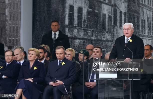 German President Frank-Walter Steinmeier delivers a speech as Israel's President Isaac Herzog , Polish President Andrzej Duda and his wife Agata...