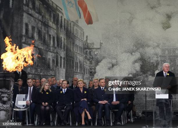 German President Frank-Walter Steinmeier delivers a speech as the Israeli President's wife Michal Herzog , Israel's President Isaac Herzog , Polish...