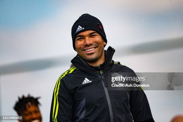 Casemiro of Manchester United reacts during a first team training session at Carrington Training Ground ahead of their UEFA Europa League...