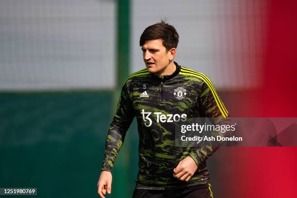 Harry Maguire of Manchester United in action during a first team training session at Carrington Training Ground ahead of their UEFA Europa League...