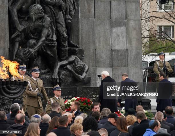 German President Frank-Walter Steinmeier , Polish President Andrzej Duda , and Israel's President Isaac Herzog lay wreaths at The Monument to the...