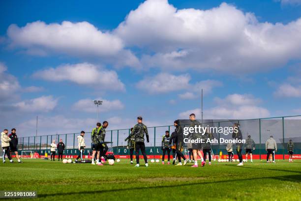 The Manchester United players in action during a first team training session at Carrington Training Ground ahead of their UEFA Europa League...