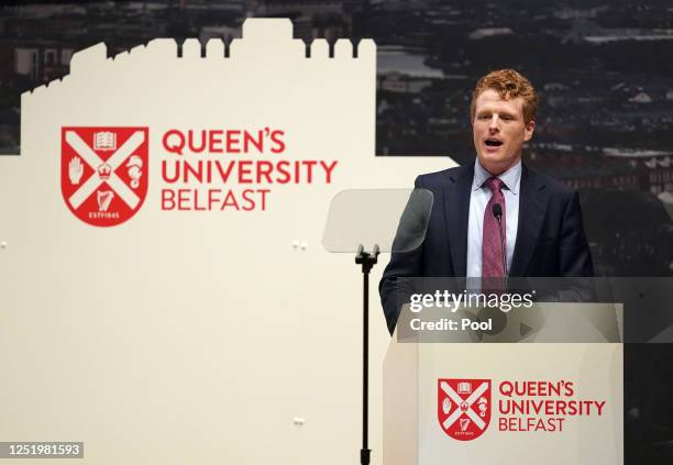 Special Envoy to Northern Ireland for Economic Affairs, Congressman Joe Kennedy III speaks during the international conference to mark the 25th...
