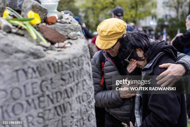 People react next to the Anielewicz bunker memorial as they take part in unofficial ceremonies to mark the 80th anniversary of the start of the...