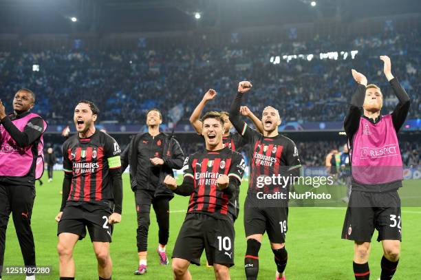 Brahim Diaz of AC Milan celebrate at the end of the UEFA Champions League match between SSC Napoli and AC Milan at Stadio Diego Armando Maradona...