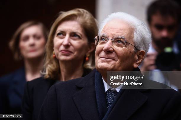 Sergio Mattarella, the President of Italy and his daughter Laura Mattarella are visiting a courtyard of the Collegium Maius, the oldest building of...