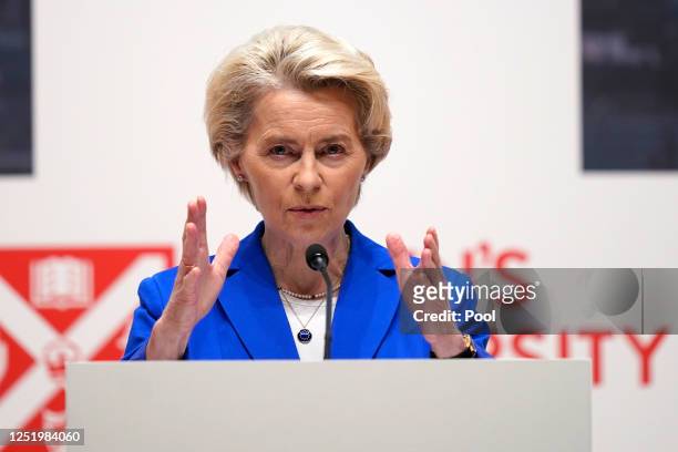 President of the European Commission Ursula von der Leyen speaks during the international conference to mark the 25th anniversary of the Belfast/Good...