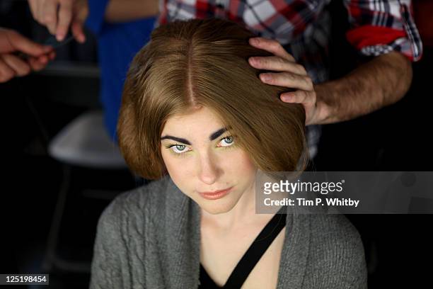 Models pose backstage at the Corrie Nielsen show at London Fashion Week Spring/Summer 2012 at The Old Sorting Office on September 16, 2011 in London,...