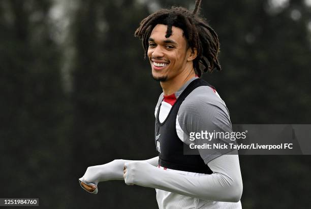 Trent Alexander-Arnold of Liverpool during a training session at AXA Training Centre on April 19, 2023 in Kirkby, England.