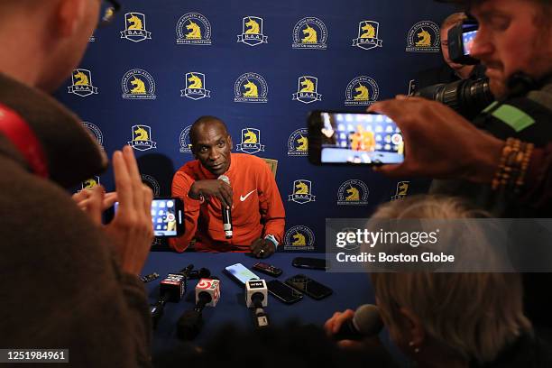 Boston, MA Marathoner Eliud Kipchoge answers question from the media the day after he finished sixth overall at the 127th Boston Marathon.