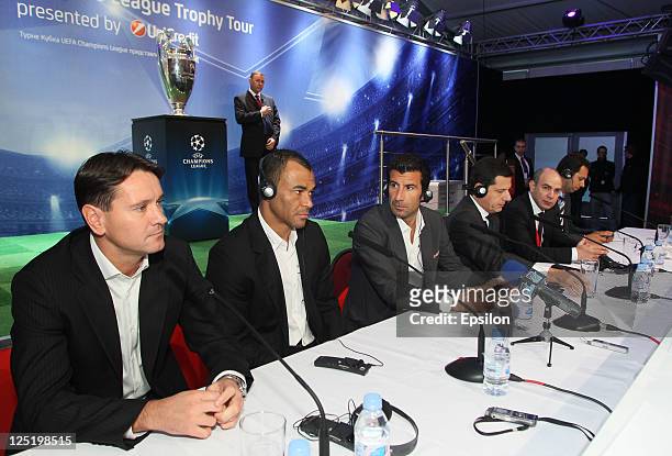 Dmitri Alenichev, Cafu, Luis Figo, Gianni Franco Papa, Michail Alexeev during a press conference during the UEFA Champions League Trophy Tour 2011 on...