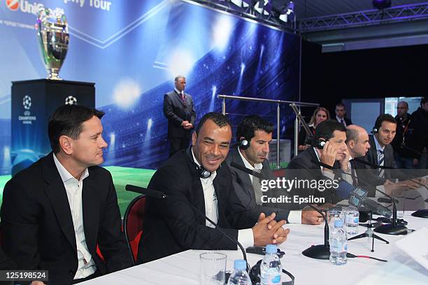 Dmitri Alenichev, Cafu, Luis Figo, Gianni Franco Papa, Michail Alexeev during a press conference during the UEFA Champions League Trophy Tour 2011 on...