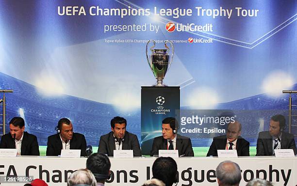Dmitri Alenichev, Cafu, Luis Figo, Gianni Franco Papa, Michail Alexeev during a press conference during the UEFA Champions League Trophy Tour 2011 on...