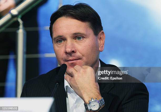 Football player Dmitri Alenichev during a press conference during the UEFA Champions League Trophy Tour 2011 on September 16, 2011 in St. Petrsburg,...