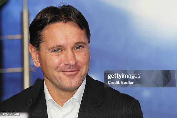 Football player Dmitri Alenichev during a press conference during the UEFA Champions League Trophy Tour 2011 on September 16, 2011 in St. Petrsburg,...