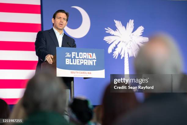 Florida Governor Ron DeSantis speaks to a crowd at the North Charleston Coliseum on April 19, 2023 in North Charleston, South Carolina. The...