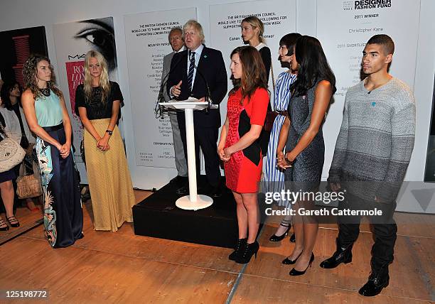 Amy Williams, Poppy Delevingne, BFC Chairman Harold Tillman CBE, Mayor of London Boris Johnson, Amy Williams, Laura Bailey, Erin O'Connor, Anne...