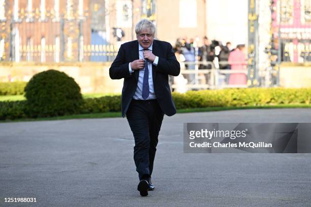 Former British Prime Minister Boris Johnson arrives at Hillsborough Castle for the Gala dinner to mark the 25th anniversary of the Belfast/Good...