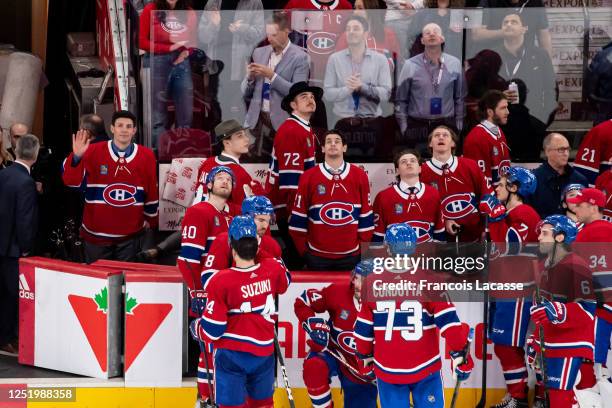 Carey Price of the Montreal Canadiens salutes the crowd after the NHL game against the Boston Bruins at the Centre Bell on April 13, 2023 in...