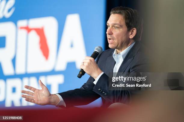 Florida Governor Ron DeSantis speaks to a crowd at the North Charleston Coliseum on April 19, 2023 in North Charleston, South Carolina. The...