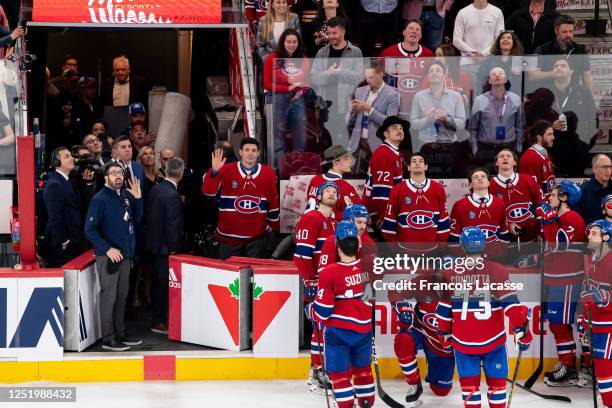 Carey Price of the Montreal Canadiens salutes the crowd after the NHL game against the Boston Bruins at the Centre Bell on April 13, 2023 in...