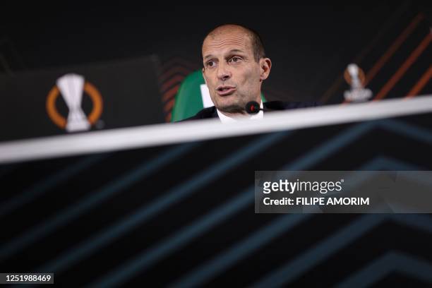 Juventus' Italian coach Massimiliano Allegri addresses a press conference at the Alvalade stadium in Lisbon, on April 19 on the eve of their UEFA...