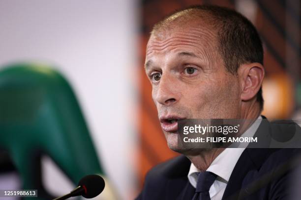 Juventus' Italian coach Massimiliano Allegri addresses a press conference at the Alvalade stadium in Lisbon, on April 19 on the eve of their UEFA...