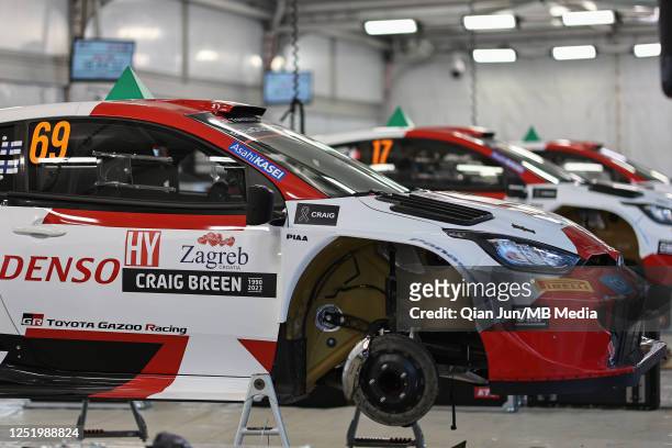 The car of Kalle Rovanpera of Finland and Toyota Gazoo Racing World Rally Team with a memorial sticker for Craig Breen of Ireland and Hyundai Shell...