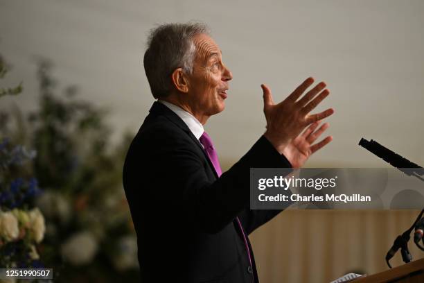 Former British Prime Minister Sir Tony Blair gives a speech at Hillsborough Castle for the Gala dinner to mark the 25th anniversary of the...