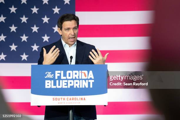 Florida Governor Ron DeSantis speaks to a crowd at the North Charleston Coliseum on April 19, 2023 in North Charleston, South Carolina. The...