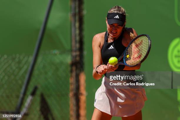 Kristina Mladenovic from France competes against Jessica Maleckova from Czech Republic during the 2023 ITF World Tennis Tour W100 Oeiras at Estadio...