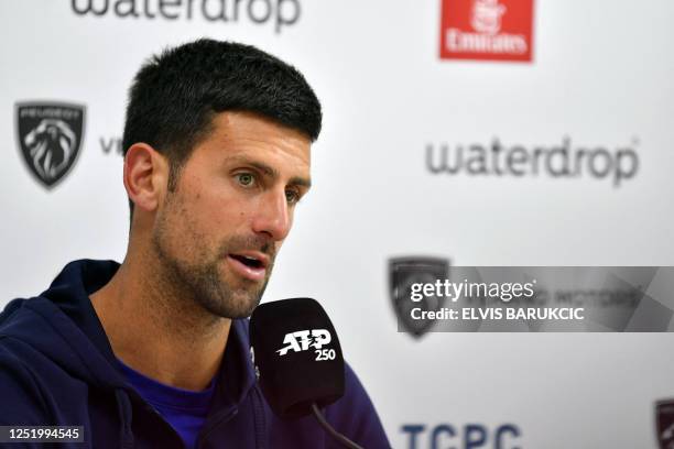 Serbia's Novak Djokovic addresses a press conference after winning against France's Luca van Assche during their tennis singles match at Srpska...