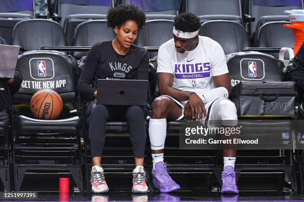 Terence Davis II reviews film with Assistant Coach Lindsey Harding of the Sacramento Kings before the game against the Brooklyn Nets on November 15,...