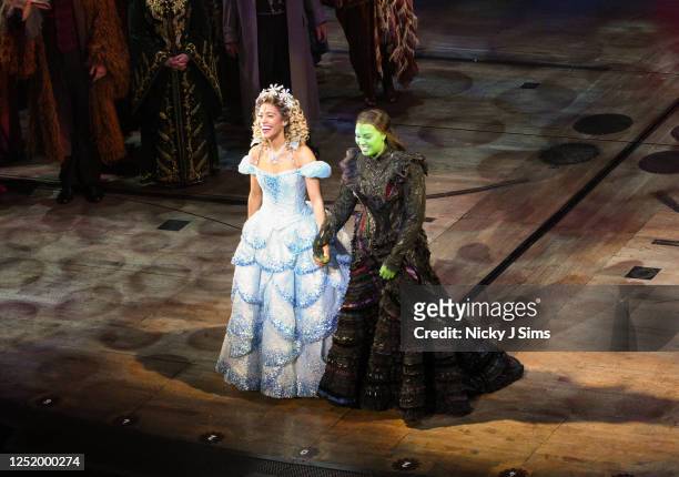 Lucy St. Louis and Alexia Khadime take a bow with the rest of the cast of "Wicked" at the "Wicked" 2023 Media Night at Apollo Victoria Theatre on...