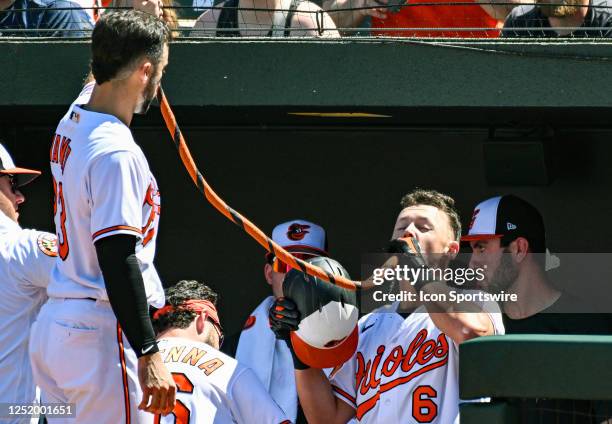 April 13: Baltimore Orioles designated hitter Ryan Mountcastle is given the homer hose by right fielder Terrin Vavra after his home run during the...