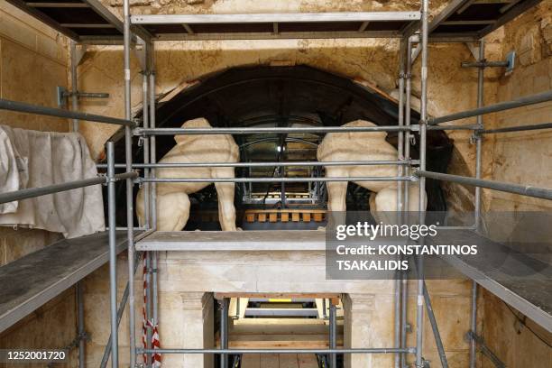View of the two sphinxes at the entrance of the first chamber of Kasta Tomb near Nea Mesolakkia village, Serres, Greece on April 19, 2023. Nine years...