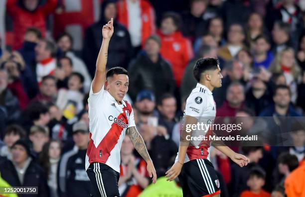 Esequiel Barco of River Plate celebrates after scoring the team's third goal during the Copa CONMEBOL Libertadores 2023 group D match between River...