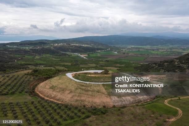 An aerial view of the Kasta Tomb, Nea Mesolakkia, Serres, Greece on April 19, 2023. Nine years after the discovery of the largest ancient burial...