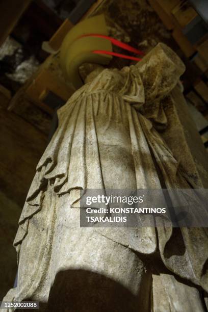 Caryatid at the entrance of the second chamber of Kasta Tomb, near Nea Mesolakkia village, Serres, Greece on April 19, 2023. Nine years after the...