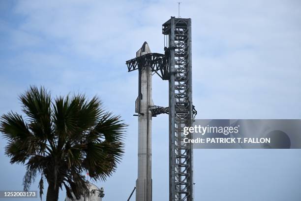 The SpaceX Starship stands ahead of the scheduled launch from the SpaceX Starbase in Boca Chica, Texas on April 19, 2023. - SpaceX has rescheduled...
