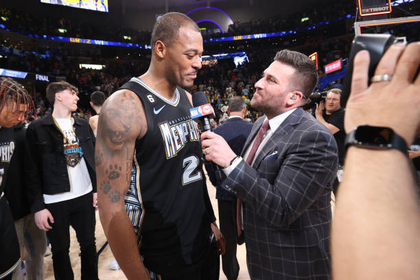 Xavier Tillman of the Memphis Grizzlies talks to the media after the game against the Los Angeles Lakers during Round One Game Two of the 2023 NBA...