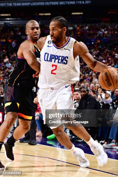 Kawhi Leonard of the LA Clippers handles the ball during the game against the Phoenix Suns during Round 1 Game 2 of the 2023 NBA Playoffs on April...