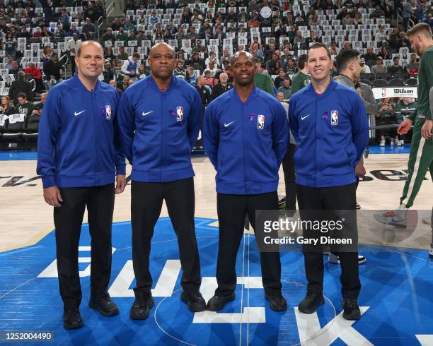 John Goble, Brian Forte, Tre Maddox, & Dedric Taylor poses for a photo before the game during round one game two of the 2023 NBA Playoffs on April...