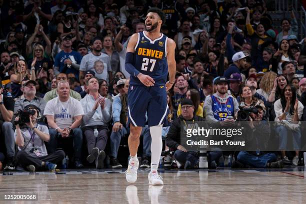 Jamal Murray of the Denver Nuggets reacts during the game against the Minnesota Timberwolves during Round One Game Two of the 2023 NBA Playoffs on...