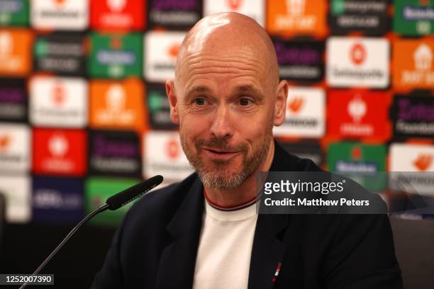 Manchester United Head Coach / Manager Erik ten Hag answers questions at a press conference ahead of their UEFA Europa League quarterfinal second leg...