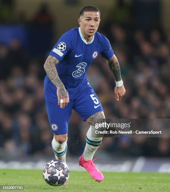 Chelsea's Enzo Fernandez during the UEFA Champions League quarterfinal second leg match between Chelsea FC and Real Madrid at Stamford Bridge on...