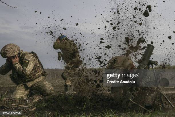 Ukrainian soldiers fire targets on the front line in the direction of the city of Ugledar, Donetsk, Ukraine as Russia-Ukraine war continues on April...