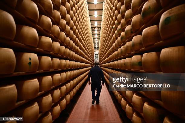 Worker walks by wheels of Parmigiano Reggiano cheese stored in the ripening department of the Casearia Castelli, member of Lactalis Group, at the...